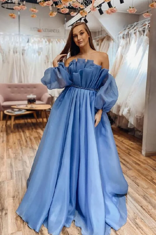 Sleeveless party dresses made of silk for a luxurious feelScoop Neck Blue Off The Shoulder Long Sleeves Blue Prom Dress PSK336 Sleeveless party dresses made of silk for a luxurious feelScoop Neck Blue Off The Shoulder Long Sleeves Blue Prom Dress PSK336