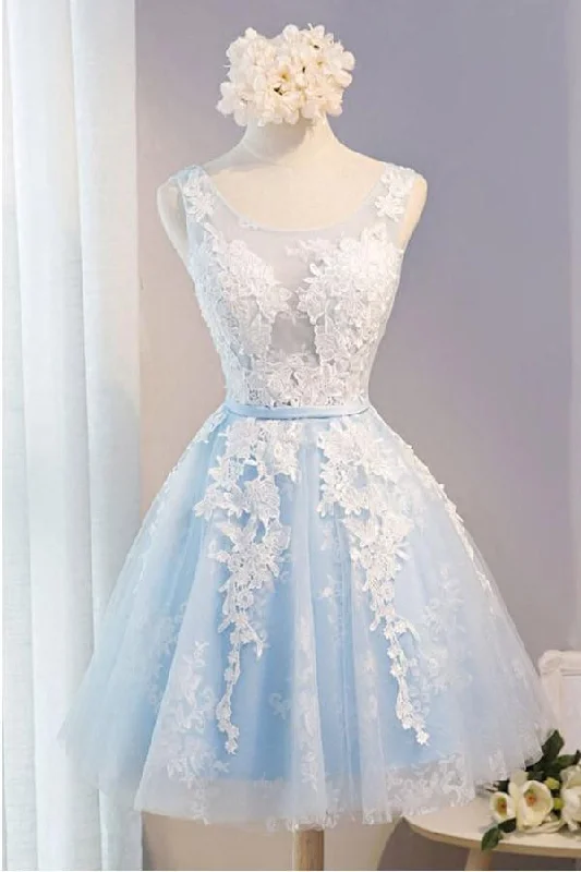 Party dresses with a cut - out design for a daring and edgy styleScoop Neck Short Tulle Homecoming Dress Party Dress With Appliques Lace PG137 Party dresses with a cut - out design for a daring and edgy styleScoop Neck Short Tulle Homecoming Dress Party Dress With Appliques Lace PG137