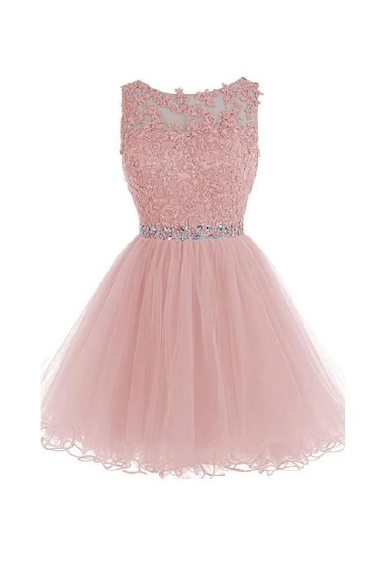 Party dresses with a leatherette material for a tough and stylish appearanceScoop Short Pink Zipper-up Tulle Homecoming Dress With Beading PG097 Party dresses with a leatherette material for a tough and stylish appearanceScoop Short Pink Zipper-up Tulle Homecoming Dress With Beading PG097