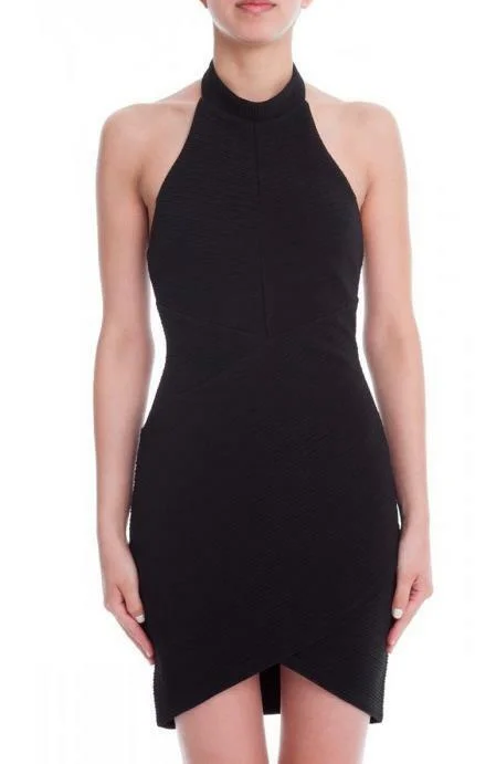 Tea - length wedding guest dresses with polka dot patternsSelena Black Mock Neck Halter Dress Tea - length wedding guest dresses with polka dot patternsSelena Black Mock Neck Halter Dress