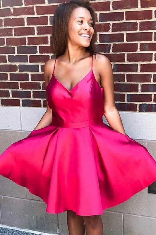 Halter - neck party dresses for a stylish and secure fit​Sexy Red Spaghetti Strap A-line Homecoming Dress Short Party Gown PD153