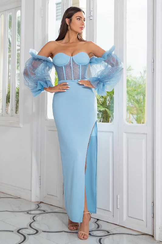 Velvet cocktail dresses with long sleeves for winter galasSheath Off the Shoulder Sky Blue Prom Dress Long Sleeves