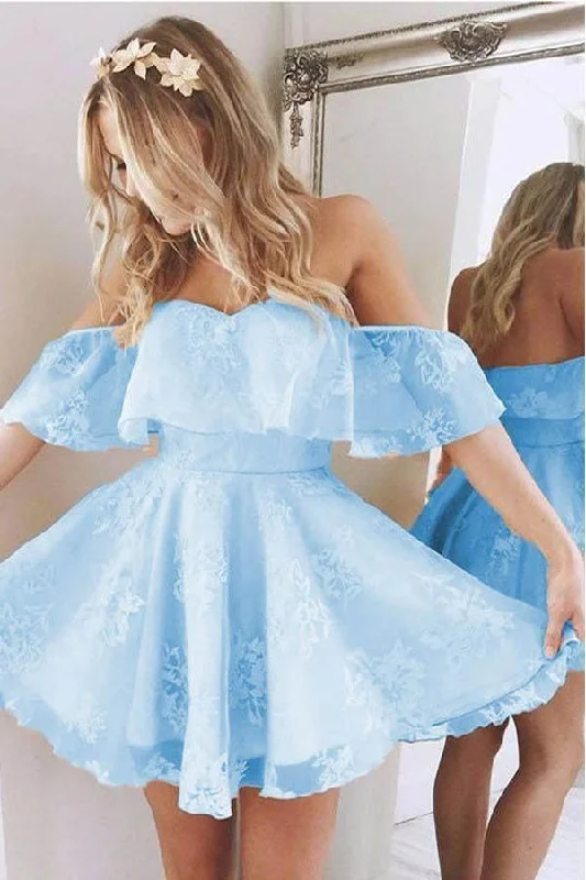 Long - length party dresses with a high - low hem for a trendy styleShort A Line Sweetheart Ruffles Shoulder Cute Lace Homecoming Dresses PG180 Long - length party dresses with a high - low hem for a trendy styleShort A Line Sweetheart Ruffles Shoulder Cute Lace Homecoming Dresses PG180