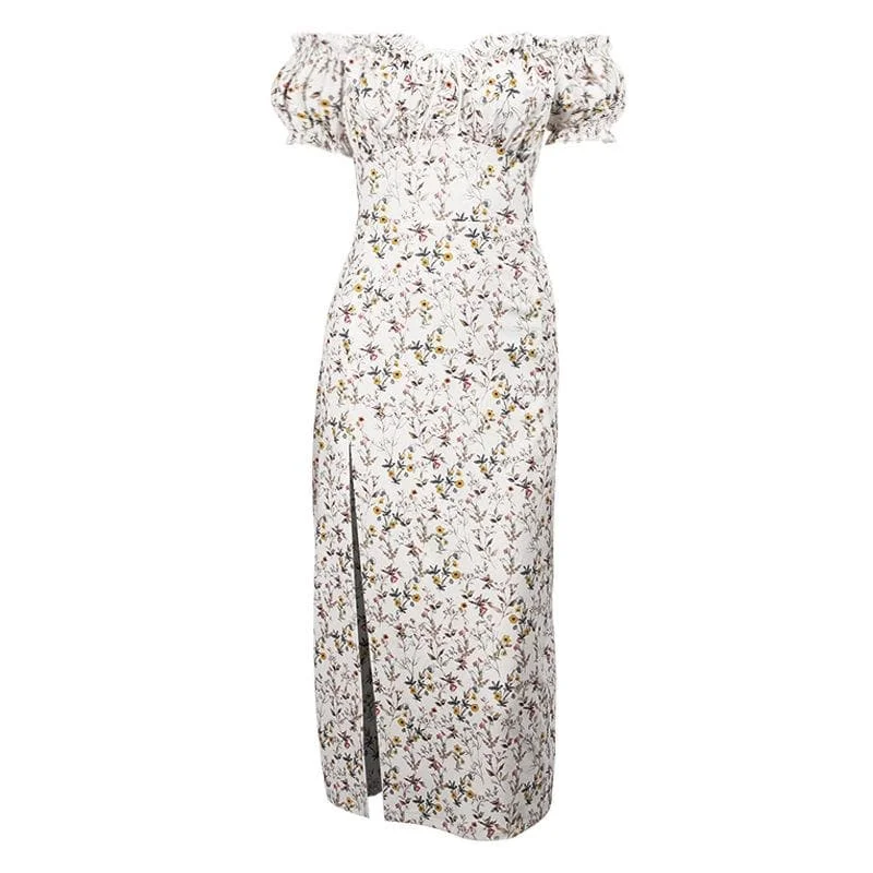 Ribbed - texture cocktail dresses with a cap - sleeve designBerryBetty - Short sleeve off shoulder puff sleeve slit flower pattern ruched midi dress