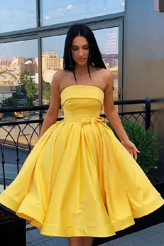 Tea - length party dresses for a sophisticated and versatile optionShort Strapless Pink Yellow Prom Dresses Formal Homecoming Dresses PD389 Tea - length party dresses for a sophisticated and versatile optionShort Strapless Pink Yellow Prom Dresses Formal Homecoming Dresses PD389