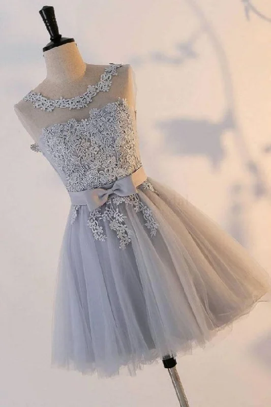 Party dresses with a satin - lined interior for added comfort​Silver Knot Tulle Homecoming Dresses Short Prom Dresses with Applique PD302