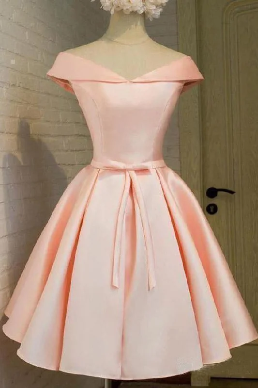 Party dresses with a polka - dot pattern for a classic and playful styleSimple Off the Shoulder Blush Homecoming Dresses Satin Graduation Dress PD288 Party dresses with a polka - dot pattern for a classic and playful styleSimple Off the Shoulder Blush Homecoming Dresses Satin Graduation Dress PD288