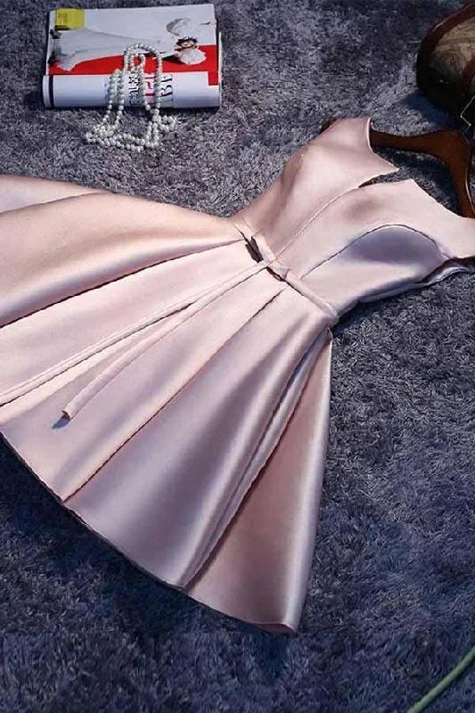 Party dresses with a cut - out design for a daring and edgy style​Simple Pink A line Satin Short Prom Dress Homecoming Dress PD148