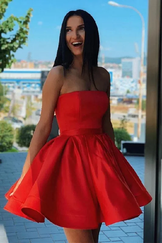 Fairy - themed party dresses with wings and glitter for a magical lookSimple Red Satin Strapless Short Formal Homecoming Dress PD376 Fairy - themed party dresses with wings and glitter for a magical lookSimple Red Satin Strapless Short Formal Homecoming Dress PD376
