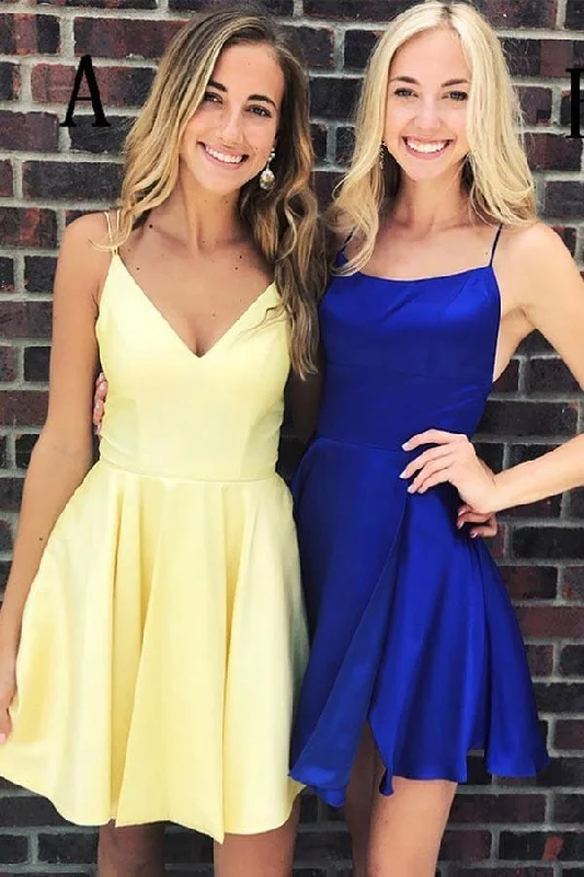 Gothic - style party dresses for a dark and mysterious lookSimple Spaghetti Strap Yellow/Royal Blue Short Homecoming Dress PD275 Gothic - style party dresses for a dark and mysterious lookSimple Spaghetti Strap Yellow/Royal Blue Short Homecoming Dress PD275