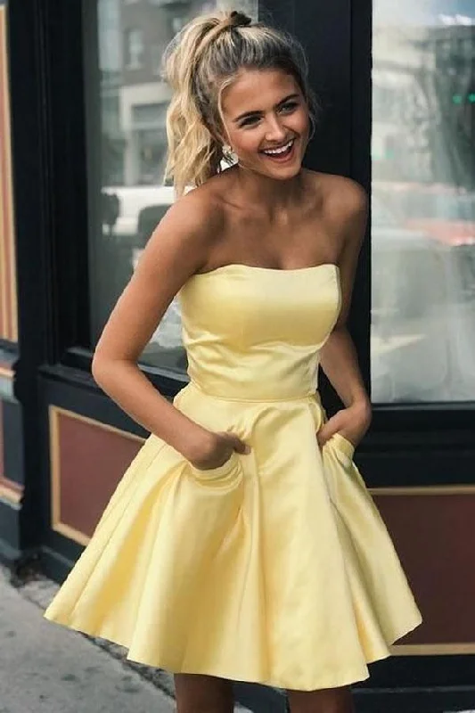 Party dresses with a lace overlay for a feminine touchSimple Strapless Short Prom Dress Yellow Homecoming Dress with Pockets PD322 Party dresses with a lace overlay for a feminine touchSimple Strapless Short Prom Dress Yellow Homecoming Dress with Pockets PD322
