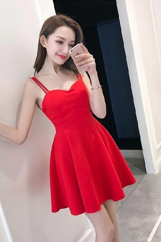 80s - inspired party dresses with bold colors and big shoulders​Simple Straps Sweetheart Red Satin Homecoming Dresses Party Dresses PD091