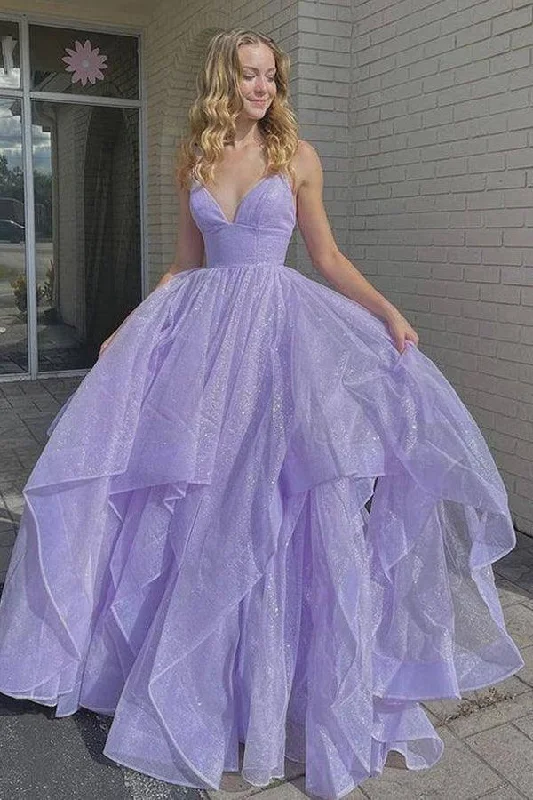 Prom party dresses with a glamorous and elegant aesthetic​Simple V Neck Tulle Long Prom Dress Lilac Tulle Formal Dress  PSK259