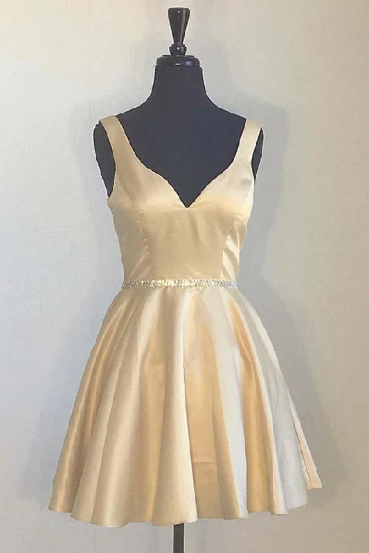 Party dresses with a metallic finish for a shiny and eye - catching effect​Simple Yellow Homecoming Dresses Broad Strap V Neck Beaded PD173