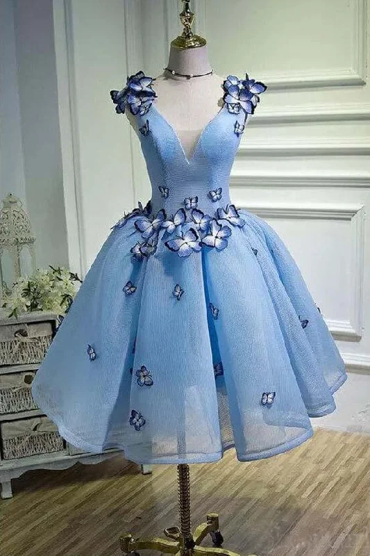Long - length party dresses with a high - low hem for a trendy styleSky Blue Homecoming Dresses Butterfly Applique Short Prom Dress PD282 Long - length party dresses with a high - low hem for a trendy styleSky Blue Homecoming Dresses Butterfly Applique Short Prom Dress PD282
