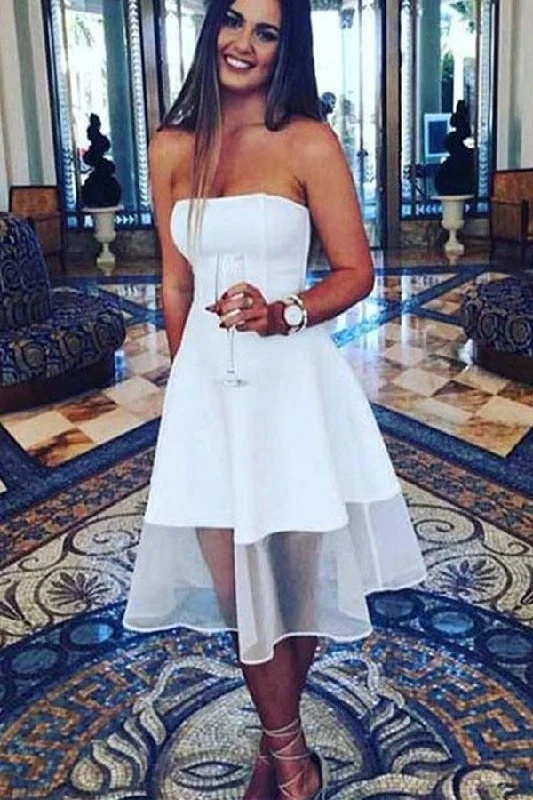 Satin party dresses with a smooth and lustrous finishSleeveless Newest A-line Knee-Length White Strapless Homecoming Dress PD442 Satin party dresses with a smooth and lustrous finishSleeveless Newest A-line Knee-Length White Strapless Homecoming Dress PD442