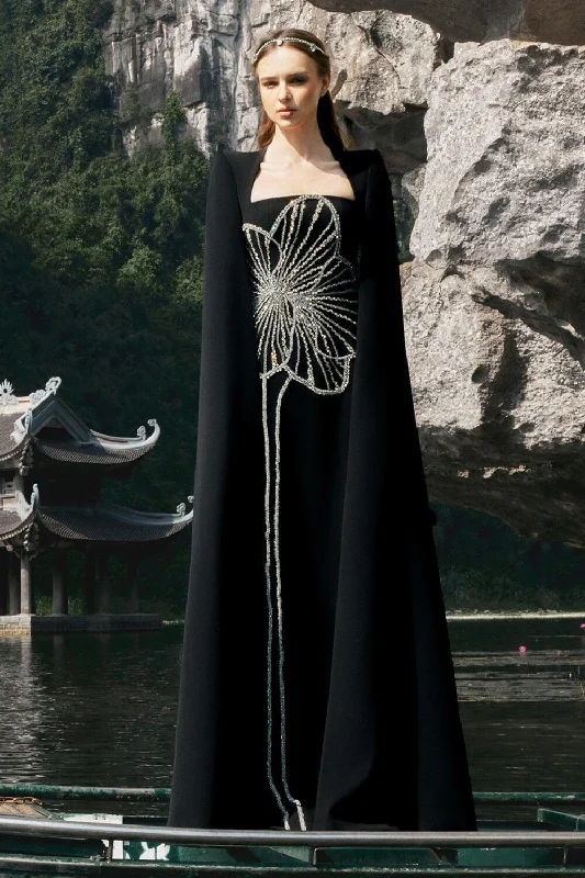 Party dresses with a bow detail for a cute and charming touch​Sojourn Cape Queen Anne Neck Velvet Floor Length Dress