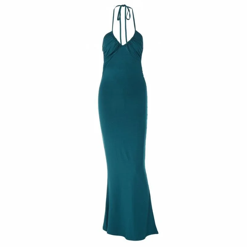 Geometric - printed cocktail dresses with a long - sleeve optionBerryBetty - Solid halter v neck ruched self tie backless maxi dress