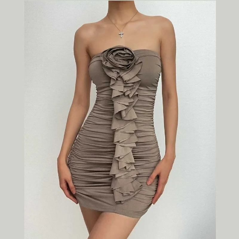 Mini cocktail dresses with a pleated bodice and a spaghetti - strap backBerryBetty - Solid ruched ruffle flower applique backless tube mini dress