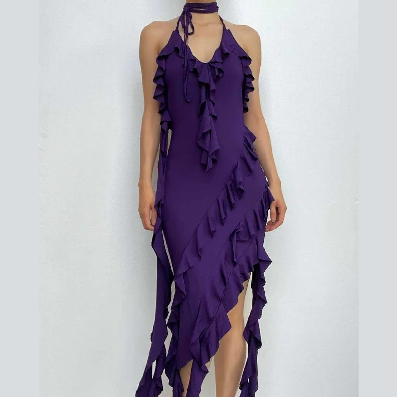 Cocktail dresses with a patchwork pattern and a mid - thigh lengthBerryBetty - Solid ruffle irregular halter backless self tie v neck maxi dress Cocktail dresses with a patchwork pattern and a mid - thigh lengthBerryBetty - Solid ruffle irregular halter backless self tie v neck maxi dress
