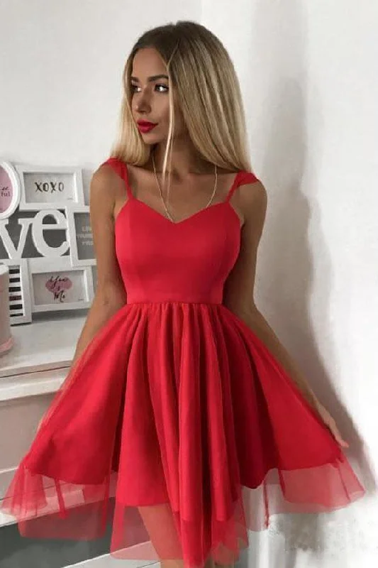 Party dresses with a handkerchief hem for a unique and flowing styleSpaghetti Strap Red Short Prom Dress Mini Homecoming Dress PD305 Party dresses with a handkerchief hem for a unique and flowing styleSpaghetti Strap Red Short Prom Dress Mini Homecoming Dress PD305