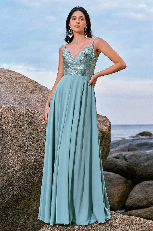 Lace - and - tulle wedding guest dresses with sweetheart necklinesSpaghetti Straps Grey Green A-Line Chiffon Bridesmaid Dress with Slit