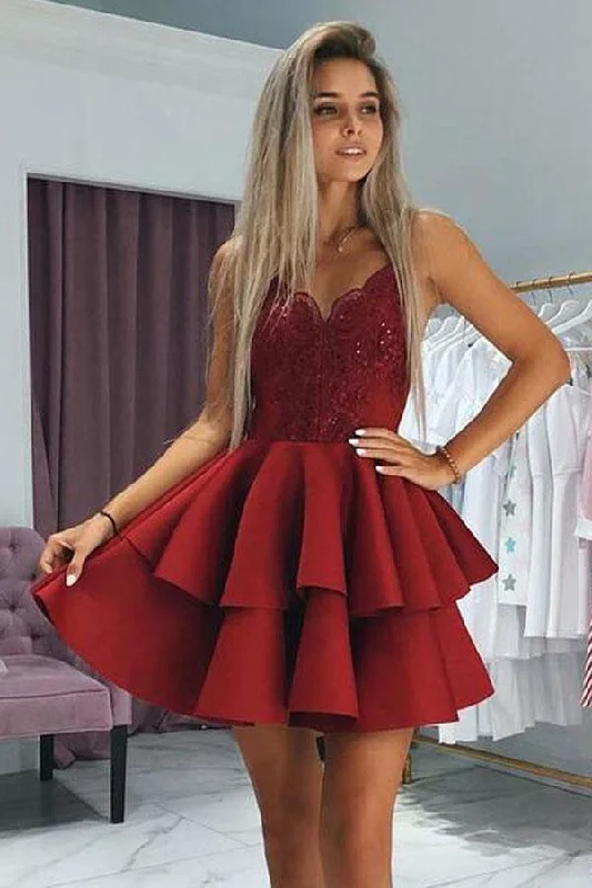 A - line party dresses with a floral print for spring eventsSpaghetti Straps Burgundy Appliqued Homecoming Dresses With Beading PD345 A - line party dresses with a floral print for spring eventsSpaghetti Straps Burgundy Appliqued Homecoming Dresses With Beading PD345