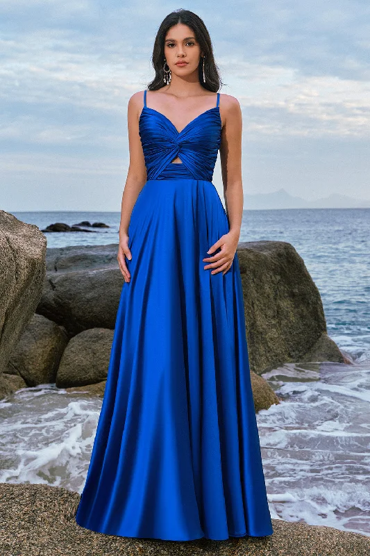 Tea - length wedding guest dresses with polka dot patternsSpaghetti Straps Satin Ink Blue Bridesmaid Dress with Slit