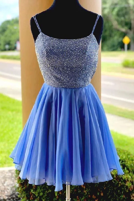 Velvet party dresses in rich jewel tones for a sophisticated appearance​Sparkle Beading Blue Short Prom Dress Homecoming Dress PD315