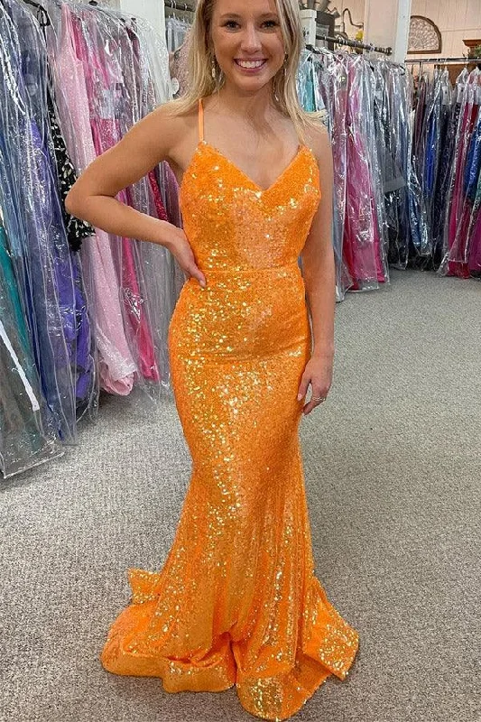 Backless party dresses for a sexy and alluring appearance​Sparkle Sequin Mermaid Orange Long Prom Dress PSK283