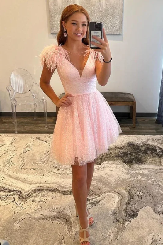 Halter - neck party dresses for a stylish and secure fit​Sparkly A-Line V Neck Pink Homecoming Dress with Feathers PD520