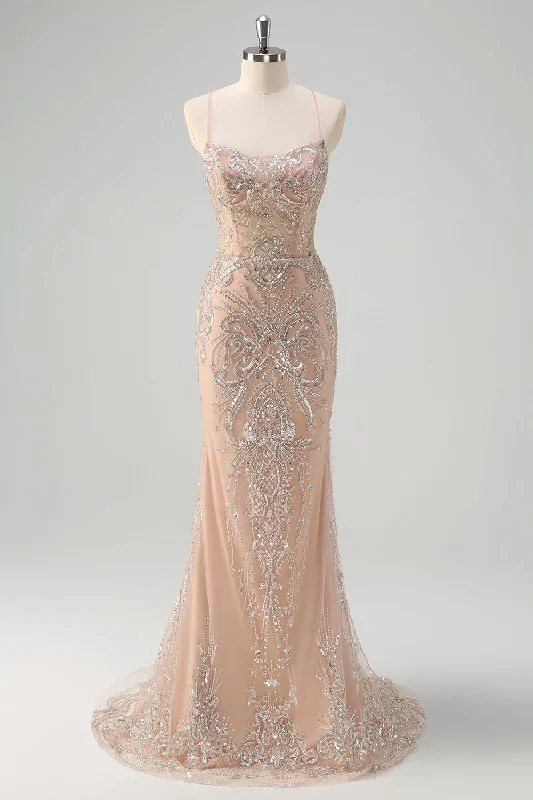 Satin cocktail dresses with a high - low hem for a modern touchSparkly Champagne Mermaid Spaghetti Straps Corset Long Prom Dress