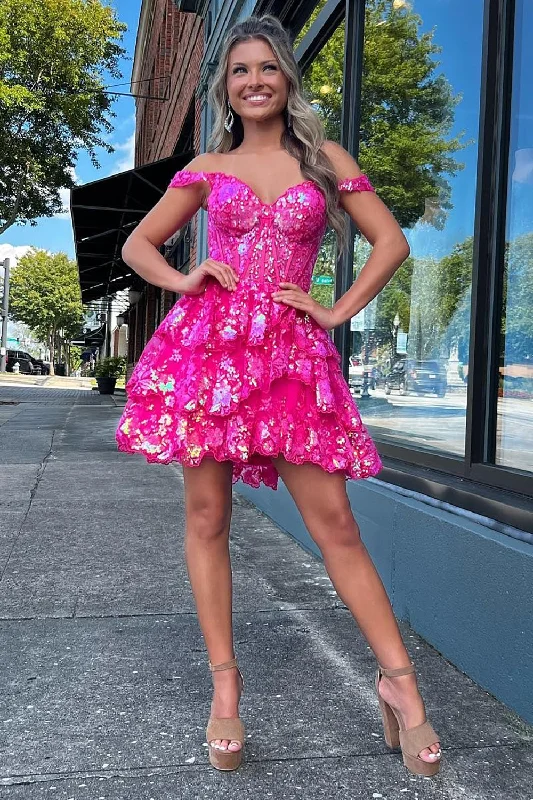 Party dresses with a denim material for a casual yet stylish look​Sparkly Fuchsia Corset Tiered Lace A-Line Short Prom Dress