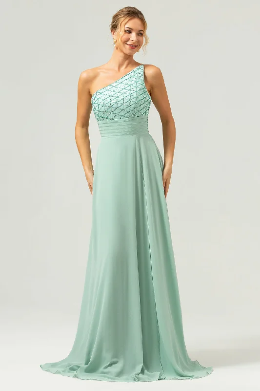 Midi wedding guest dresses in navy blue for a formal affairSparkly Green A-Line One Shoulder Chiffon Long Bridesmaid Dress Midi wedding guest dresses in navy blue for a formal affairSparkly Green A-Line One Shoulder Chiffon Long Bridesmaid Dress