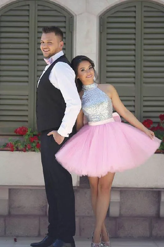 Ball gown party dresses with a full skirt for a princess - like lookSparkly High Neck Short Pink Homecoming Dress Party Dress PG163 Ball gown party dresses with a full skirt for a princess - like lookSparkly High Neck Short Pink Homecoming Dress Party Dress PG163
