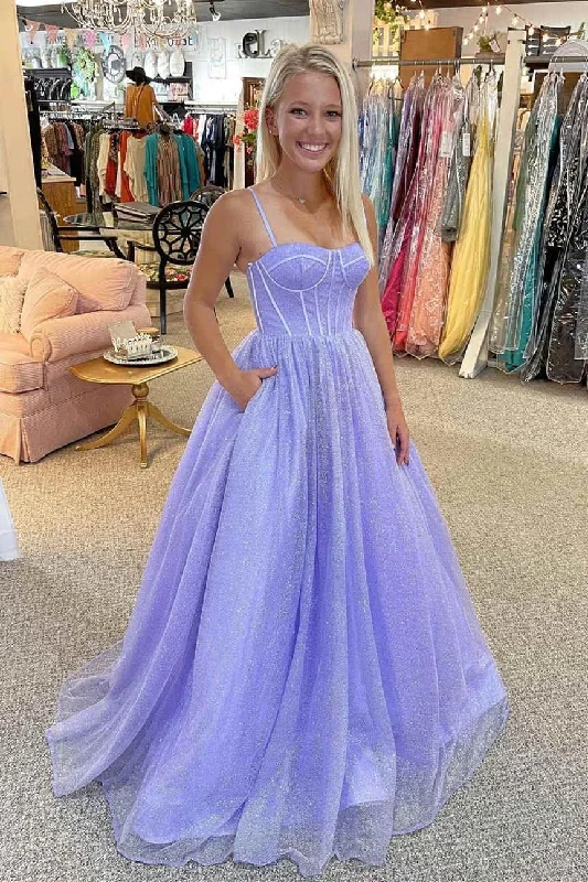 Long - length party dresses with a high - low hem for a trendy style​Sparkly Lilac A Line Sweetheart Straps Tulle Long Prom Formal Dress  PSK264