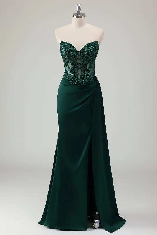 Satin - lined cocktail dresses with a lace outer layerSparkly Dark Green Mermaid Sweetheart Corset Long Prom Dress with Slit