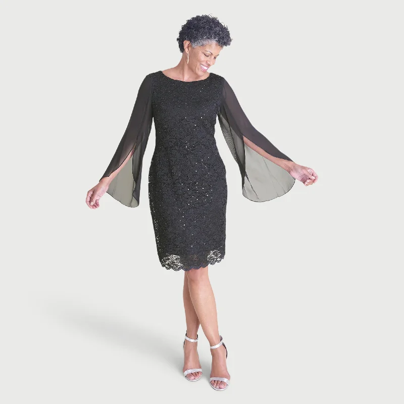 Wedding guest dresses with high - low hems and floral appliquesStevie Black Sequin Lace Dress Wedding guest dresses with high - low hems and floral appliquesStevie Black Sequin Lace Dress