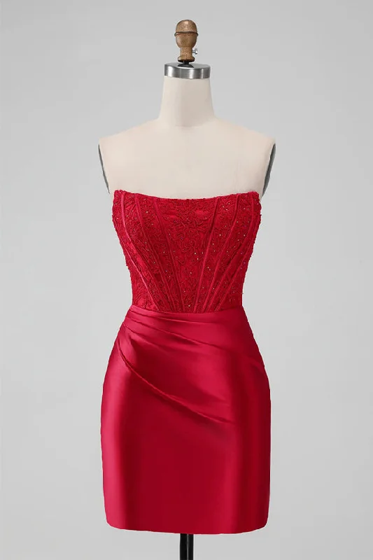 Party dresses with a paisley pattern for a bohemian - inspired look​Strapless Bodycon Homecoming Dress Red Short Prom Dress PD505