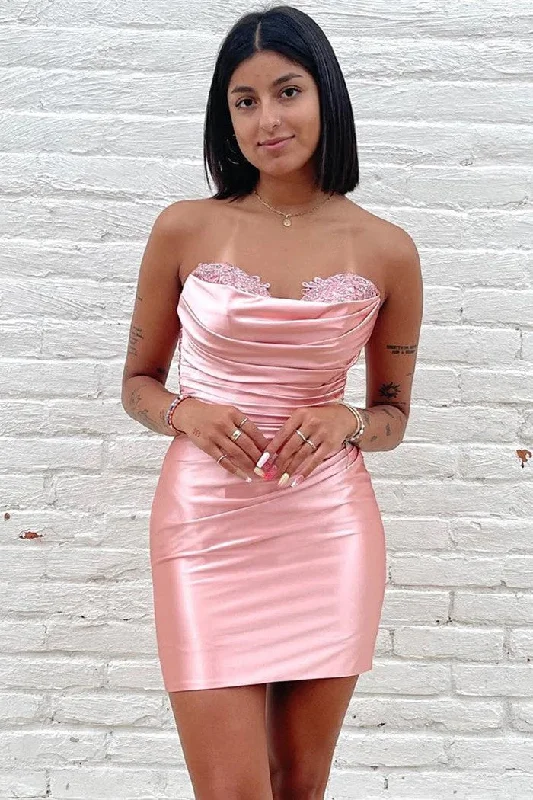 Strapless party dresses with a beaded bodice for added elegance​Strapless Satin Sweetheart Short Mini Pink Homecoming Dress PD521