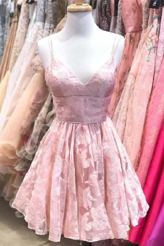 Long - length party dresses with a high - low hem for a trendy styleStraps A-line Lace Short Prom Dress Pink Homecoming Dress PD317 Long - length party dresses with a high - low hem for a trendy styleStraps A-line Lace Short Prom Dress Pink Homecoming Dress PD317
