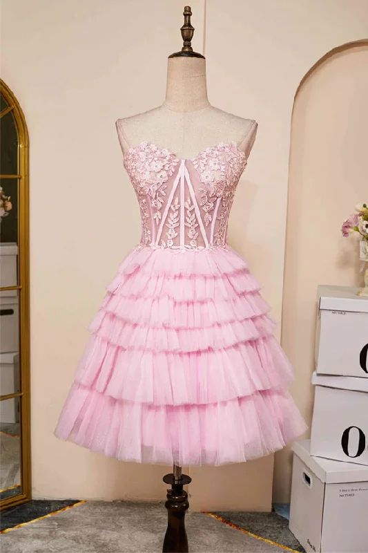 Party dresses with a fringed detail for a fun and dynamic style​Sweetheart Neck Layered Strapless Pink Homecoming Dress PD514
