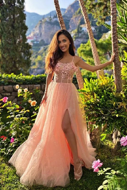Party dresses with a handkerchief hem for a unique and flowing style​Sweetheart Neck Pink Lace Prom Dresses Split Formal Dresses  PSK280