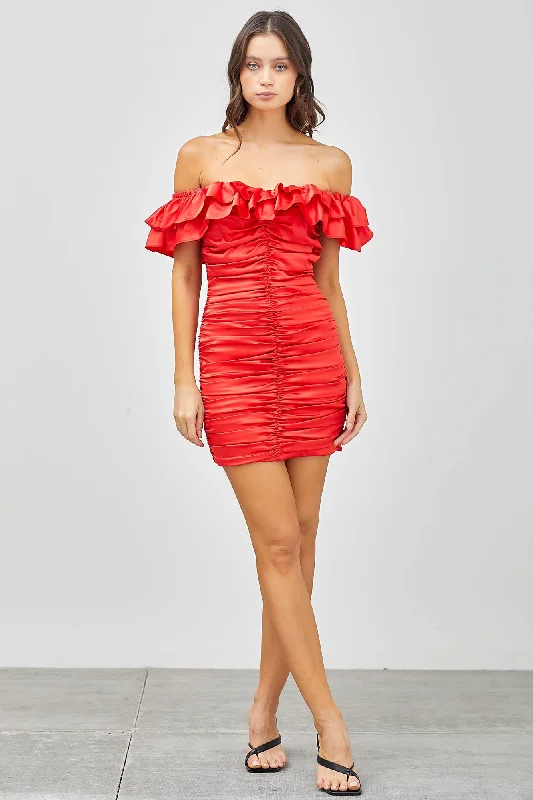 Sheer cocktail dresses with a lining and a short hemTangerine Ruffle Tube Bodycon Mini Dress