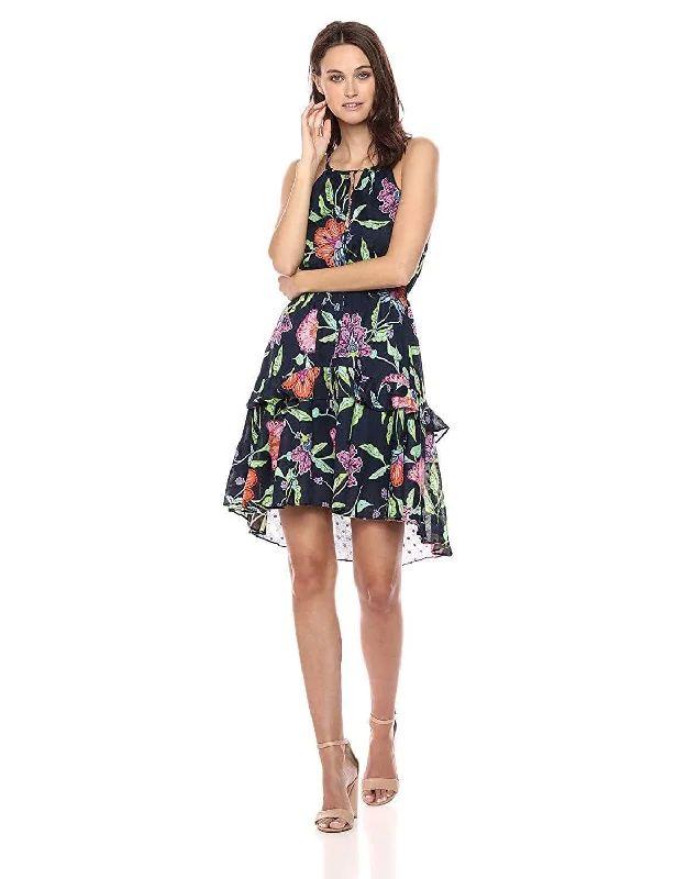 Cocktail dresses with a ruched bodice and spaghetti strapsTaylor - 9682M Floral Print Tie Keyhole Front Dress