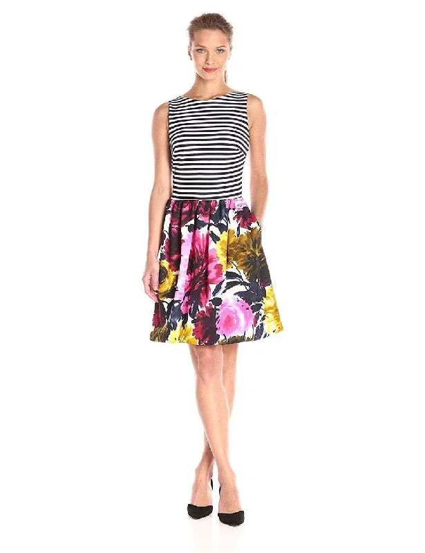 A - line cocktail dresses with floral embroidery for spring partiesTaylor - Stripe and Floral Print  A-line Dress 5997M
