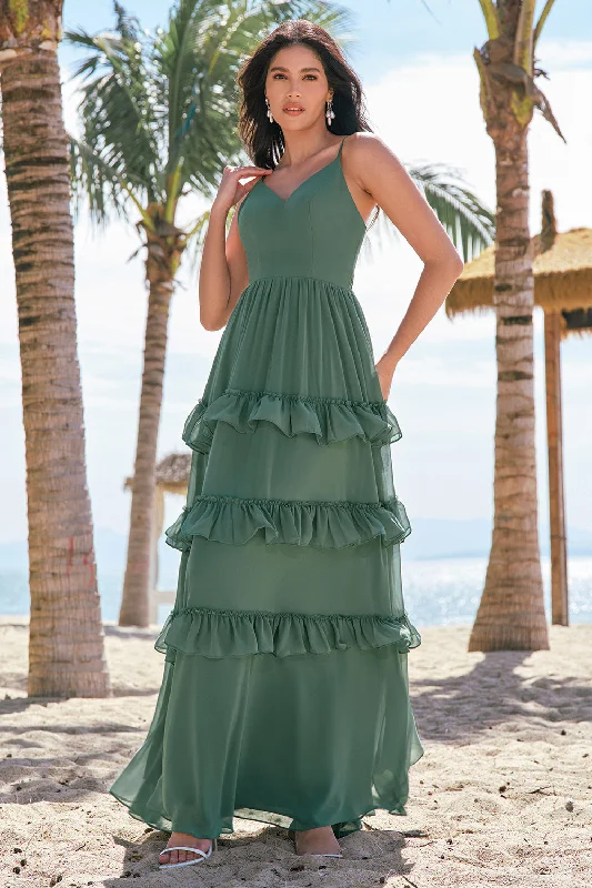 Plaid wedding guest dresses in muted colors for a fall weddingEucalyptus A-Line Chiffon Tiered Long Bridesmaid Dress