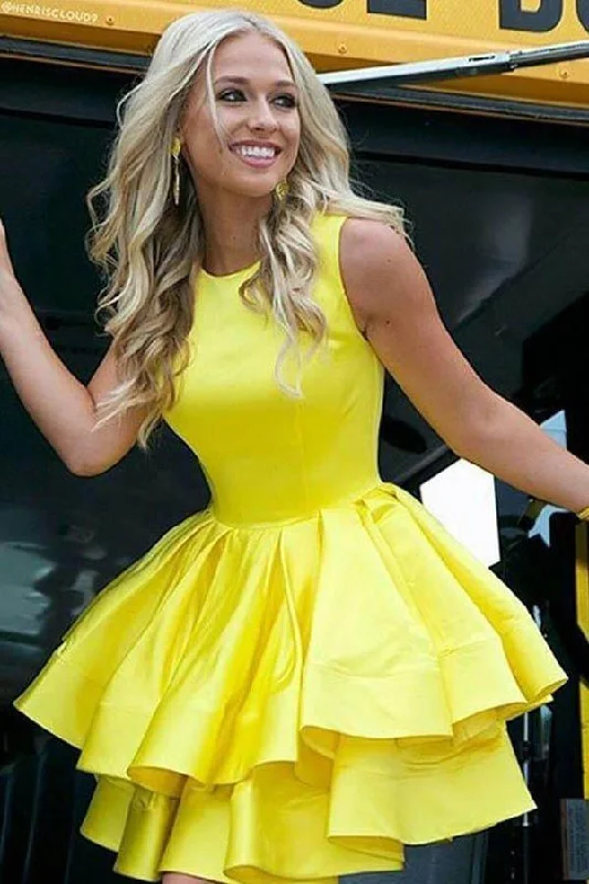 80s - inspired party dresses with bold colors and big shouldersTiered Skirt Yellow Homecoming Dresses Short Prom Dress Satin Prom Gown PD372 80s - inspired party dresses with bold colors and big shouldersTiered Skirt Yellow Homecoming Dresses Short Prom Dress Satin Prom Gown PD372