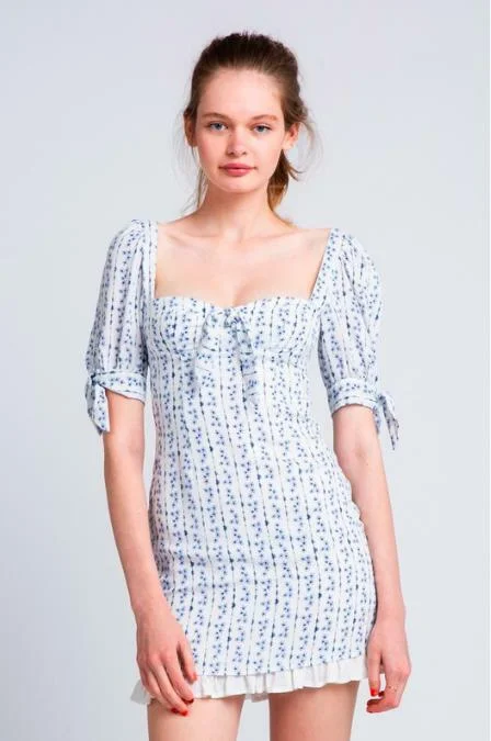 Metallic wedding guest dresses for a glamorous weddingTory White  and Blue Floral Print Puff Sleeve Mini Dress