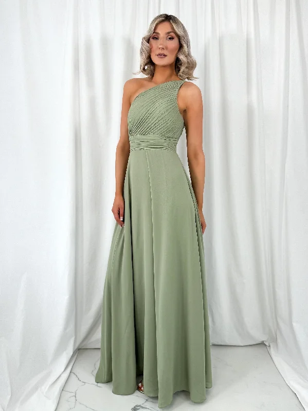 Wedding guest dresses with high - low hems and floral appliquesTracy One Shoulder Draped Top Maxi Dress - Sage Green